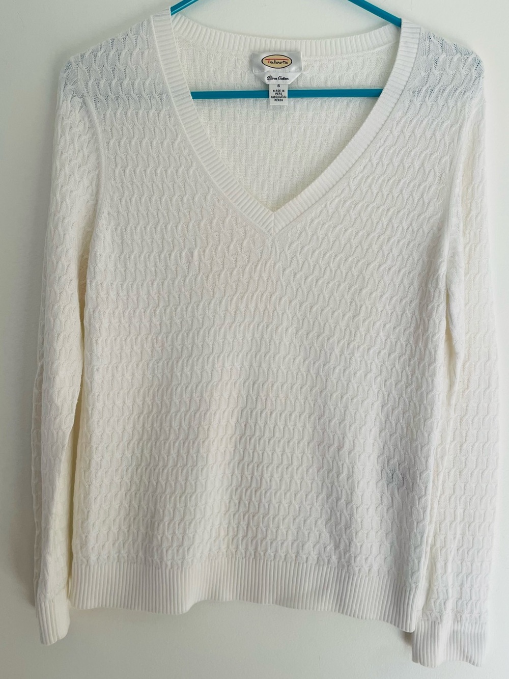 Talbots White V-Neck Cable Knit Women's Sweater, Size S